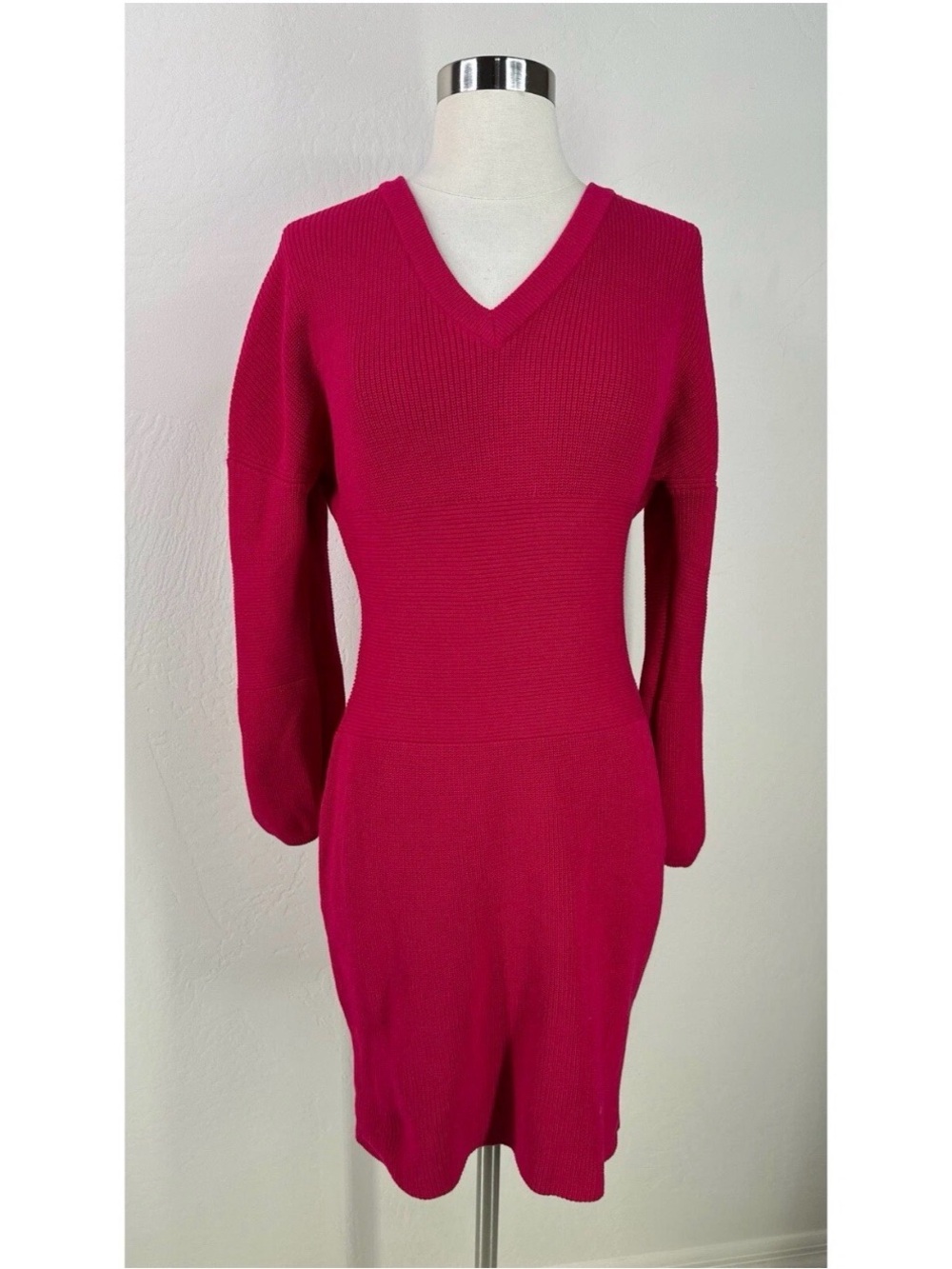 8 by Yoox V-Neck Ribbed Knit Dress in Fuchsia